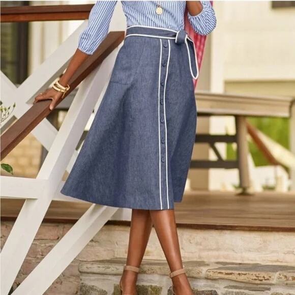 TALBOTS Chambray Blue Linen Blend Midi Skirt Size 14 - Picture 1 of 16